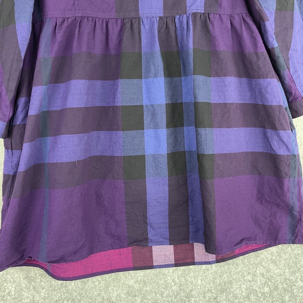 Burberry Brit Shirtdress Dress Womens XL Purple Plaid 3/4 Sleeve Cotton Pocket - Picture 12 of 15